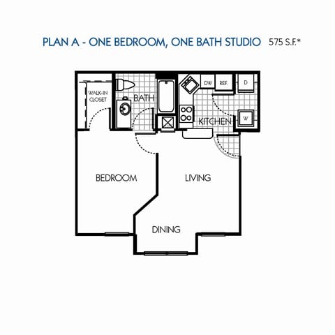 Floor plan for 1 bed, 1 bath, 575 sqft